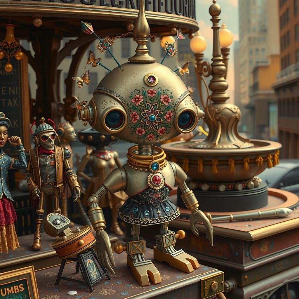 Whimsical Robot Enchants City Square with Floral Dress