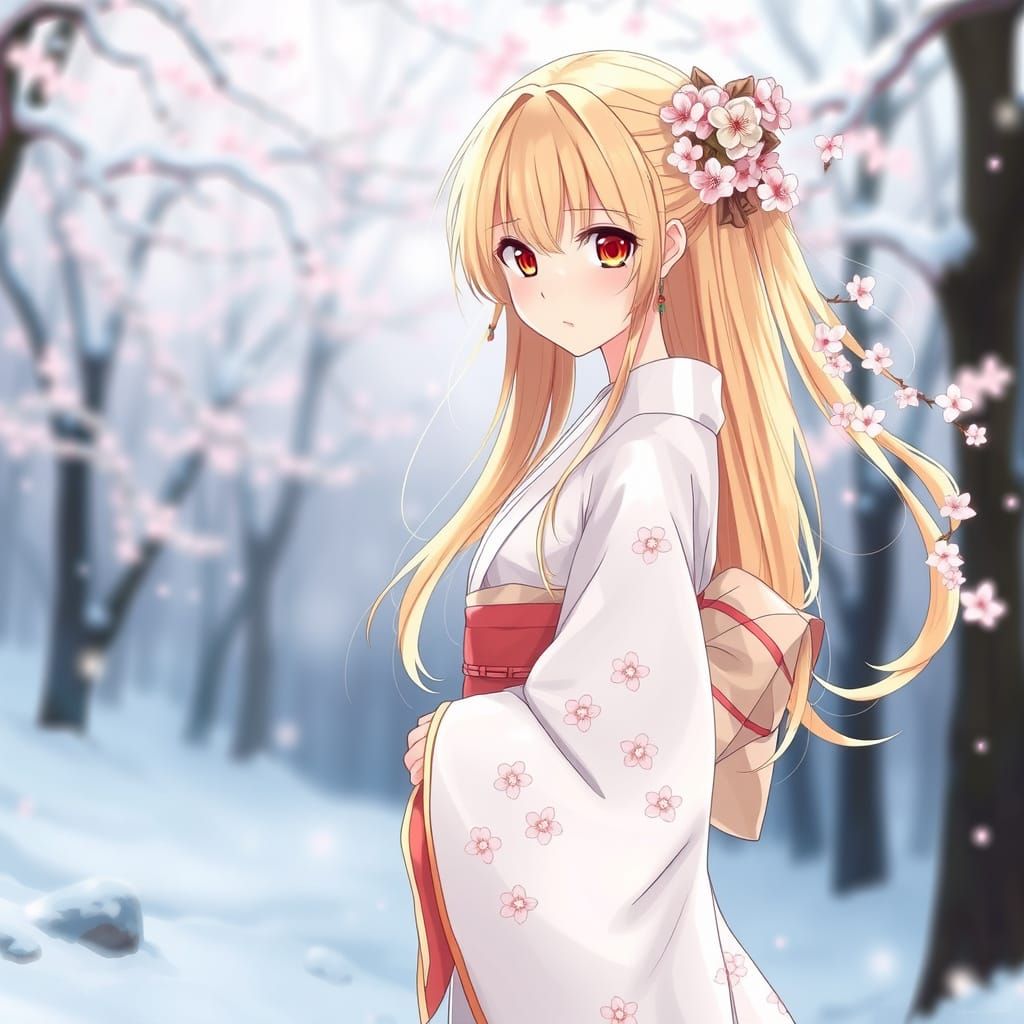 Anime Girl in Kimono in Snowy Landscape