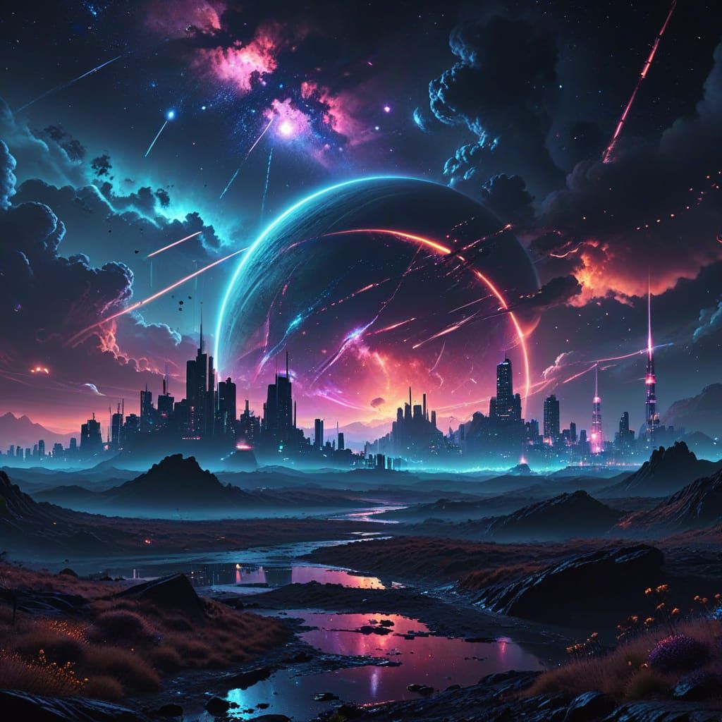 Cyberpunk Neon Landscape with Galactic Night Sky