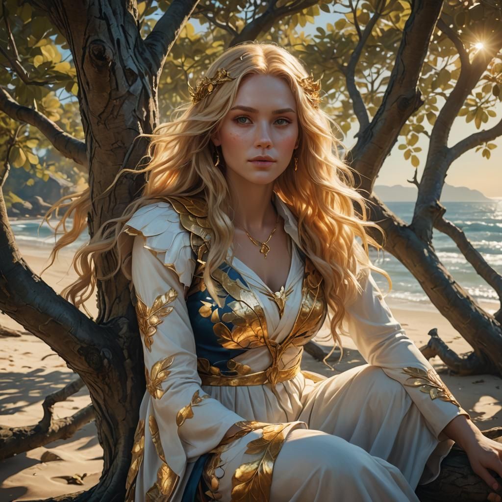 Golden-Haired Girl in Fantasy Beach Art