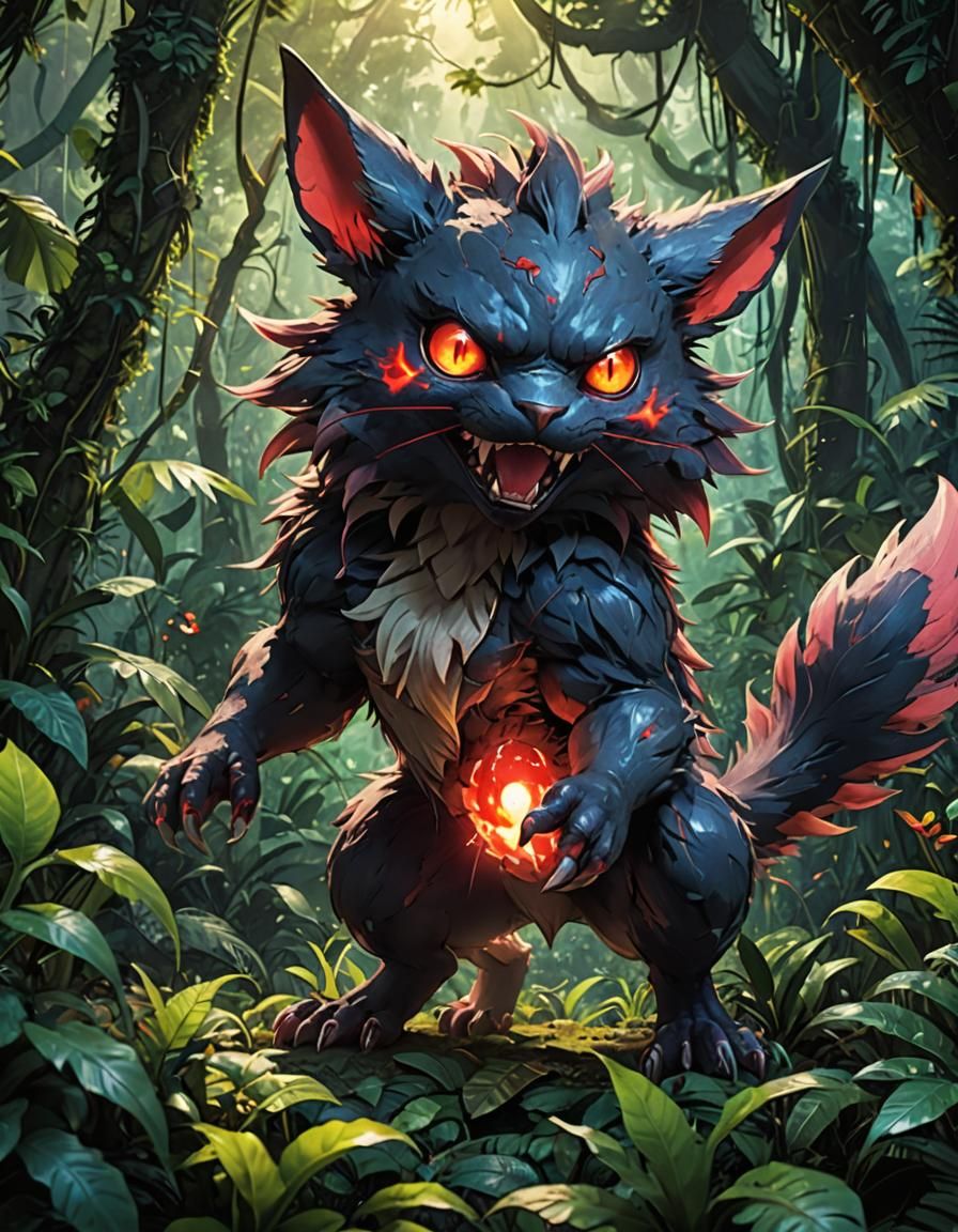 Feral Pokemon in Overgrown Jungle, Vivid Illustration
