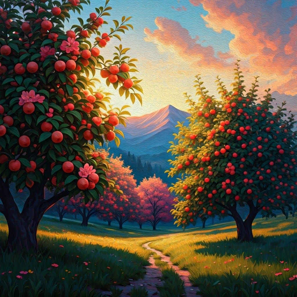 Dreamy Peach Tree Landscape in Oil Painting Style