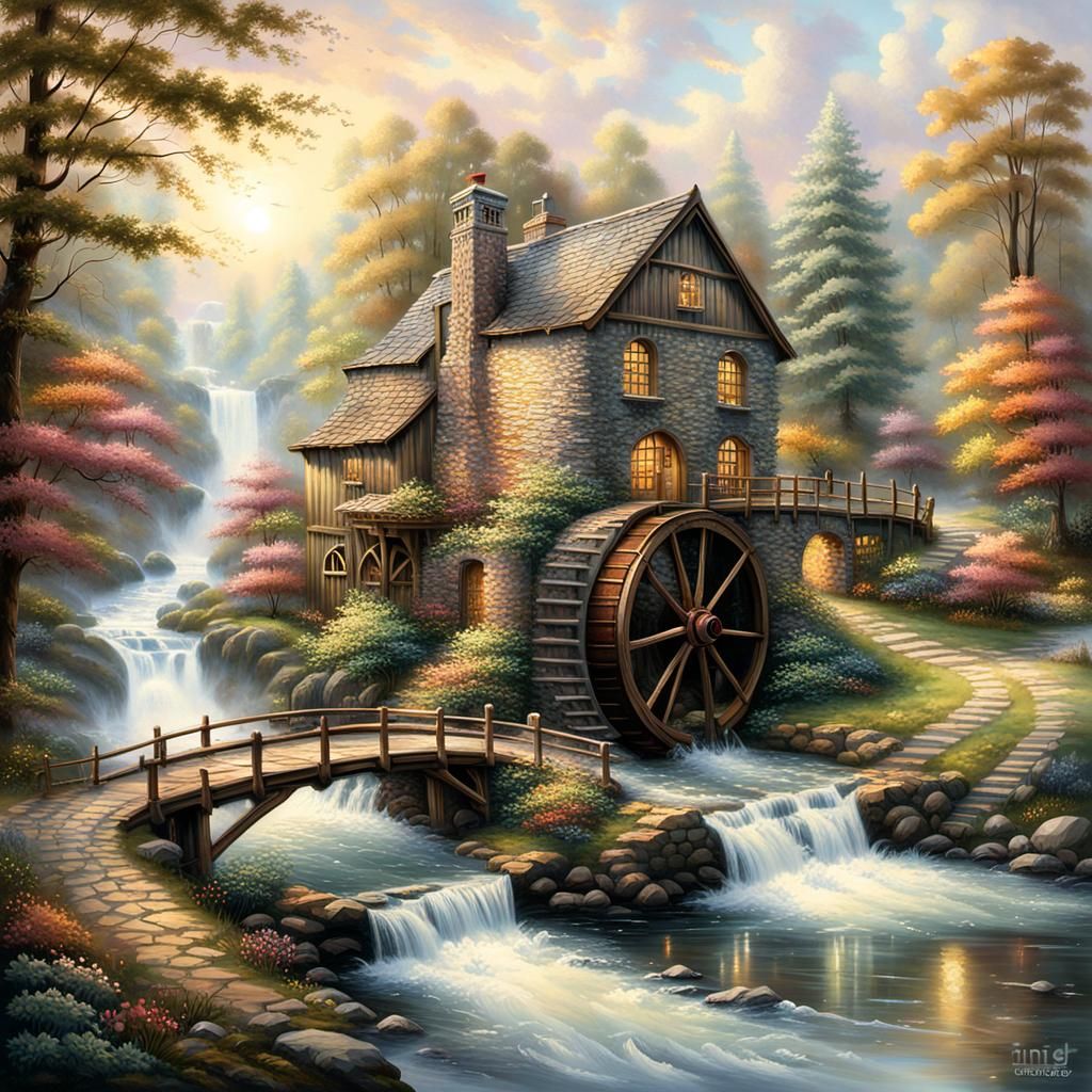 Old Water Mill in Misty Forest, Watercolor Painting