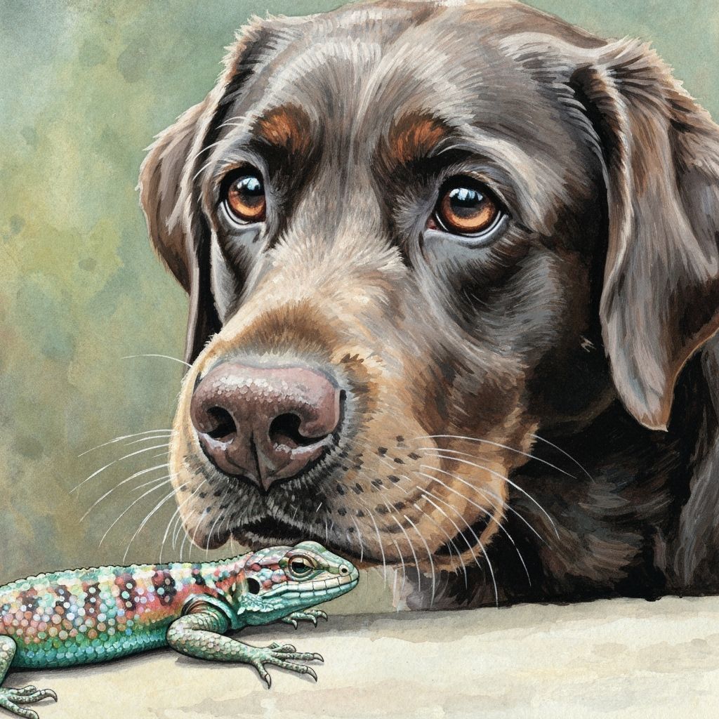 Puzzled Dog Sniffing Colorful Lizard, Gouache Painting