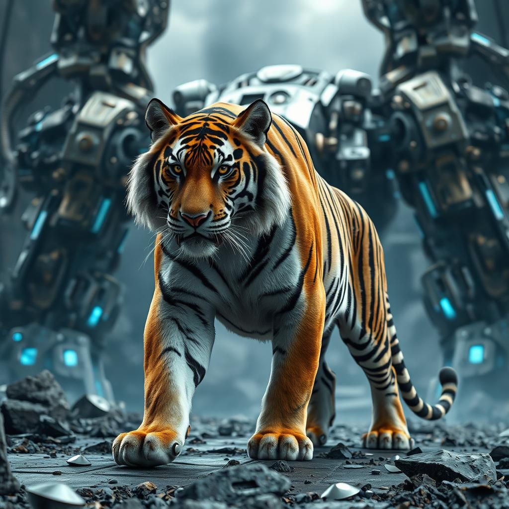 Majestic Tiger in Metallic Mecha Landscape