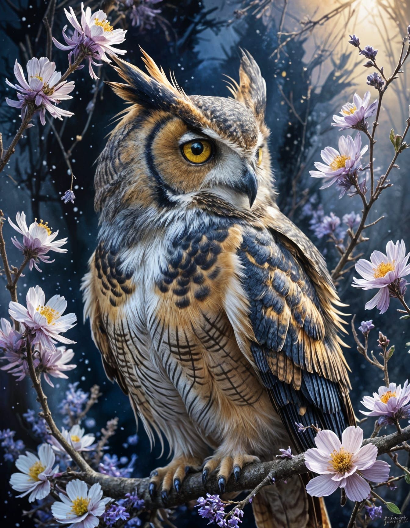 Great Horned Owl on Cherry Branch Watercolor