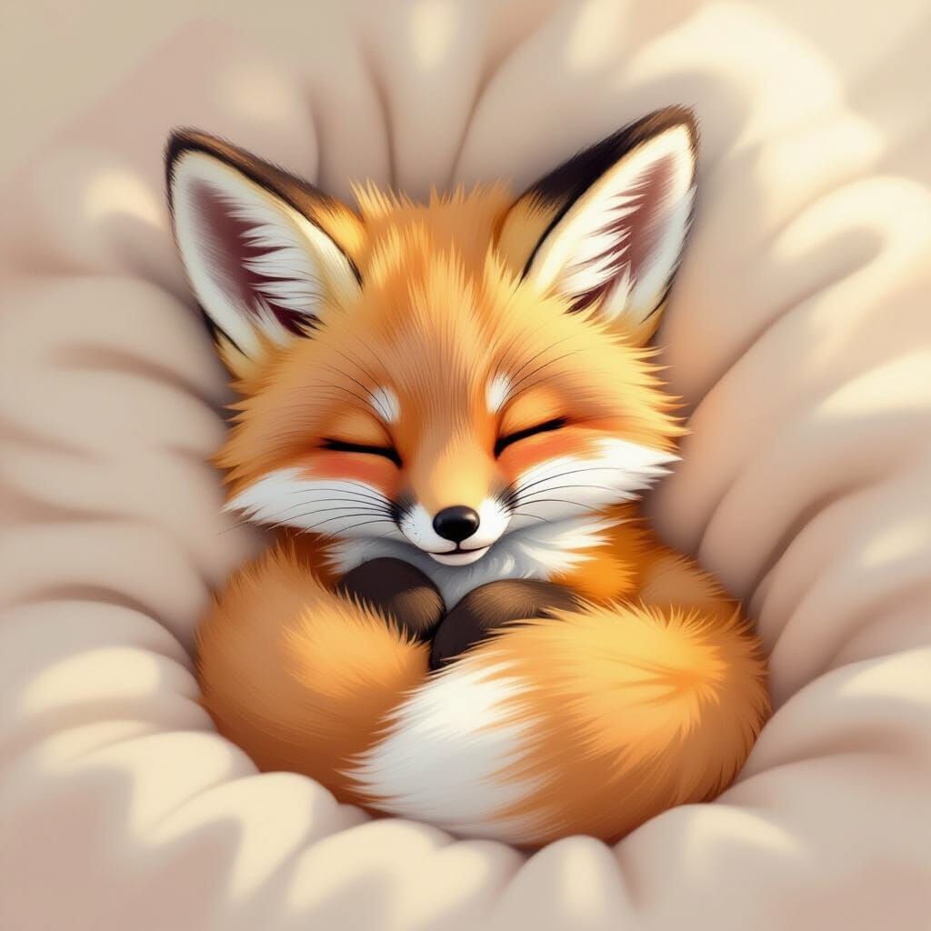 Resting Baby Fox in Whimsical Pastel Art