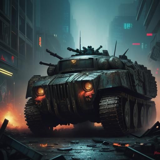 Cyberpunk Space Marine in Ruined City, Graffiti Art