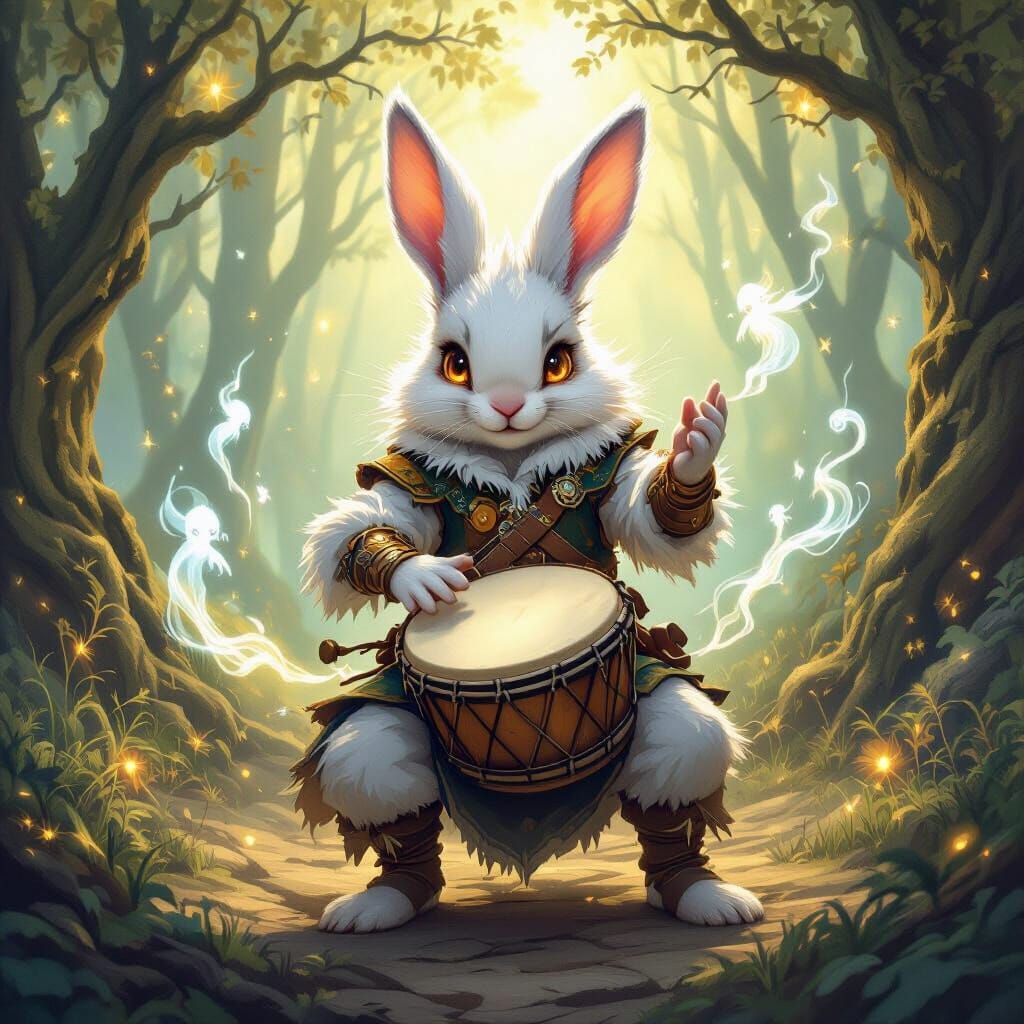 Harengon Musician with Spirits in Enchanted Forest