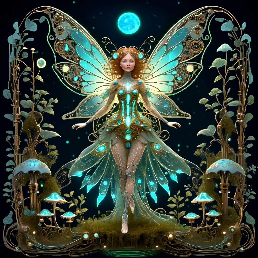 Art Nouveau Fairy Dances in a Moonlit Forest
