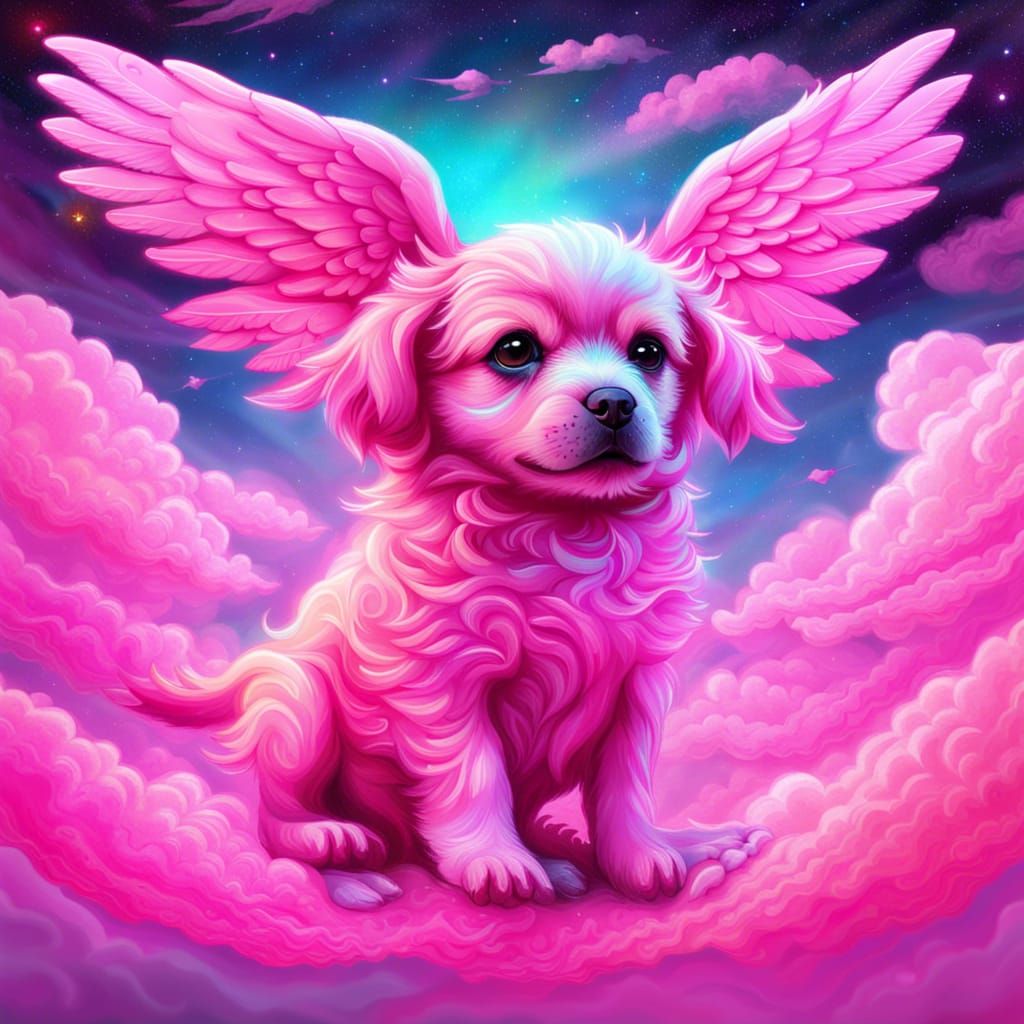 Mythical Winged Puppies Flying in Pink Clouds