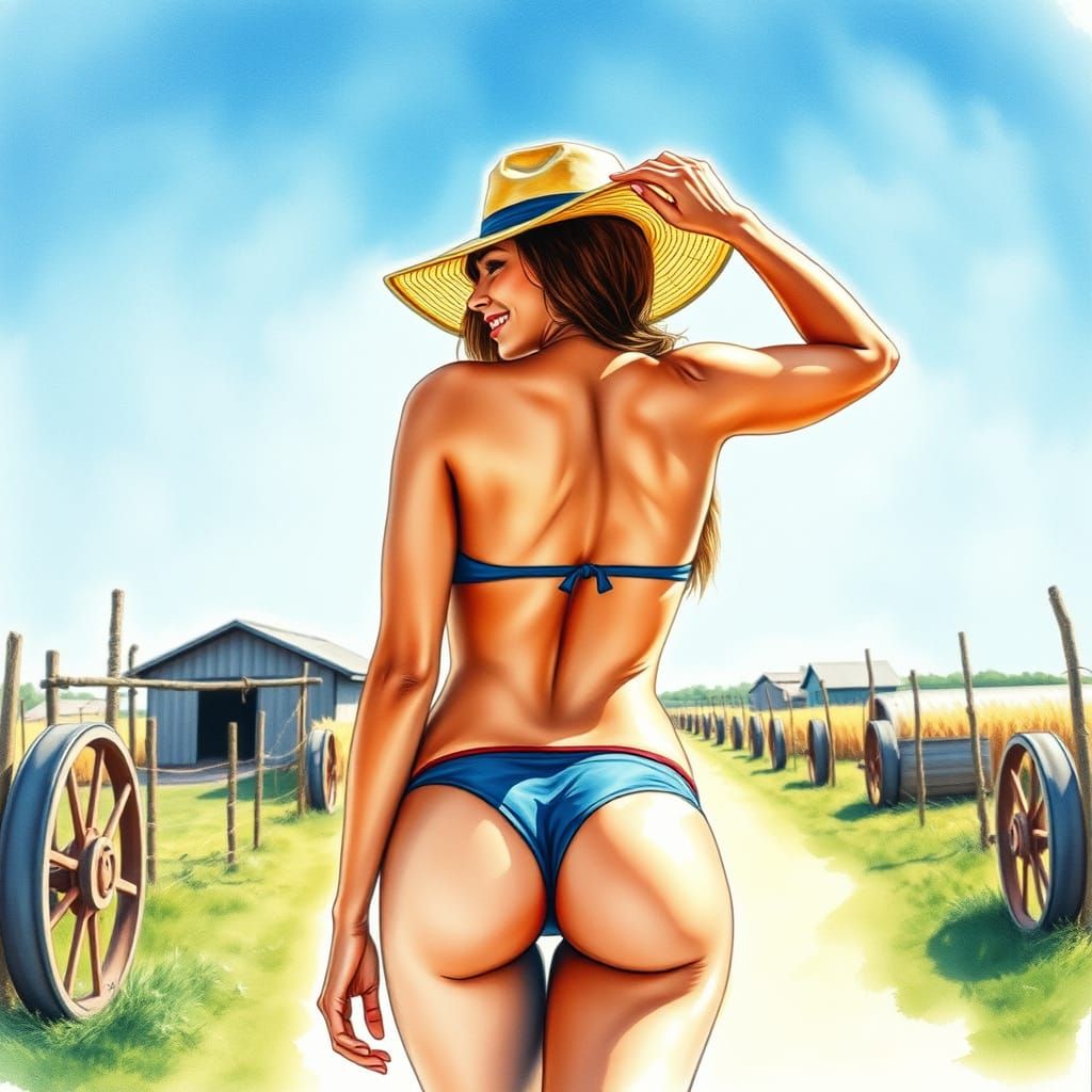 Watercolor Painting: Stunning Woman on Farm