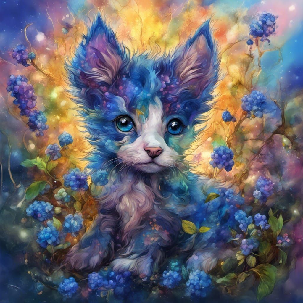 Fantasy Animals with Blueberries in Alcohol Ink Style