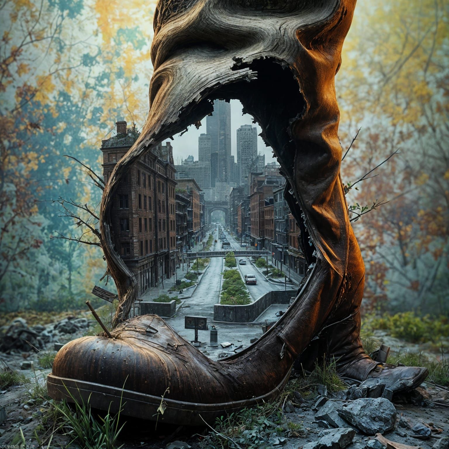 Deserted City Inside a Giant Boot in Forest