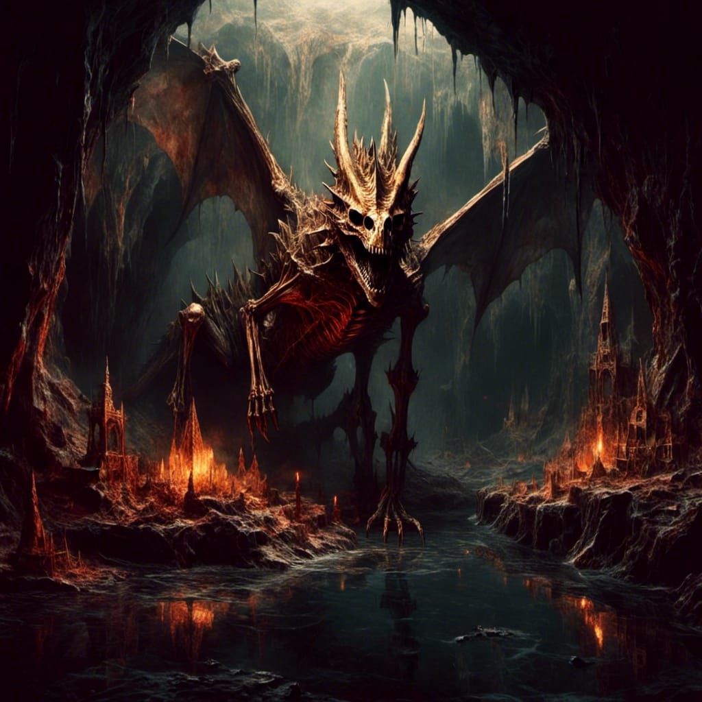 Skeleton Dragon Guards Treasure in Dark Cave