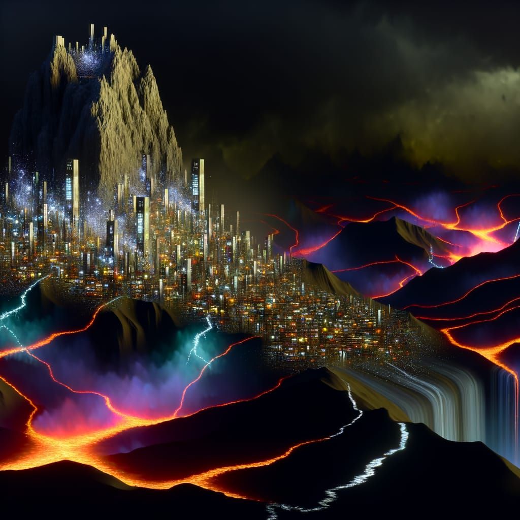 Nostalgic Futuristic Cityscape on a Fiery Mountain