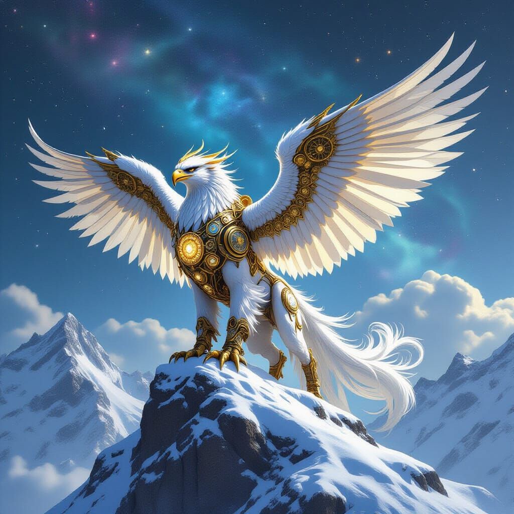Steampunk Gryphon with Clockwork Wings on Snowy Peak