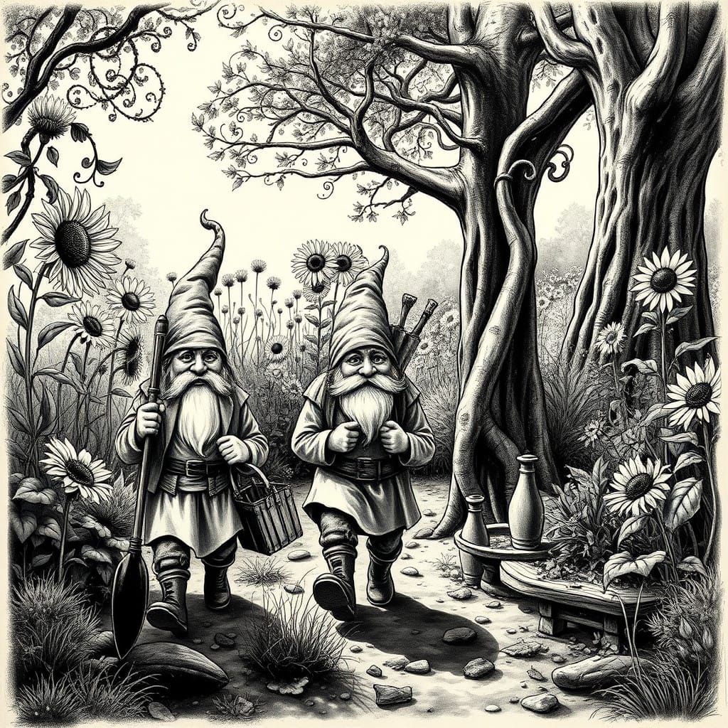 Whimsical Gnomes Wander into a Lush Garden in a Charcoal Mas...