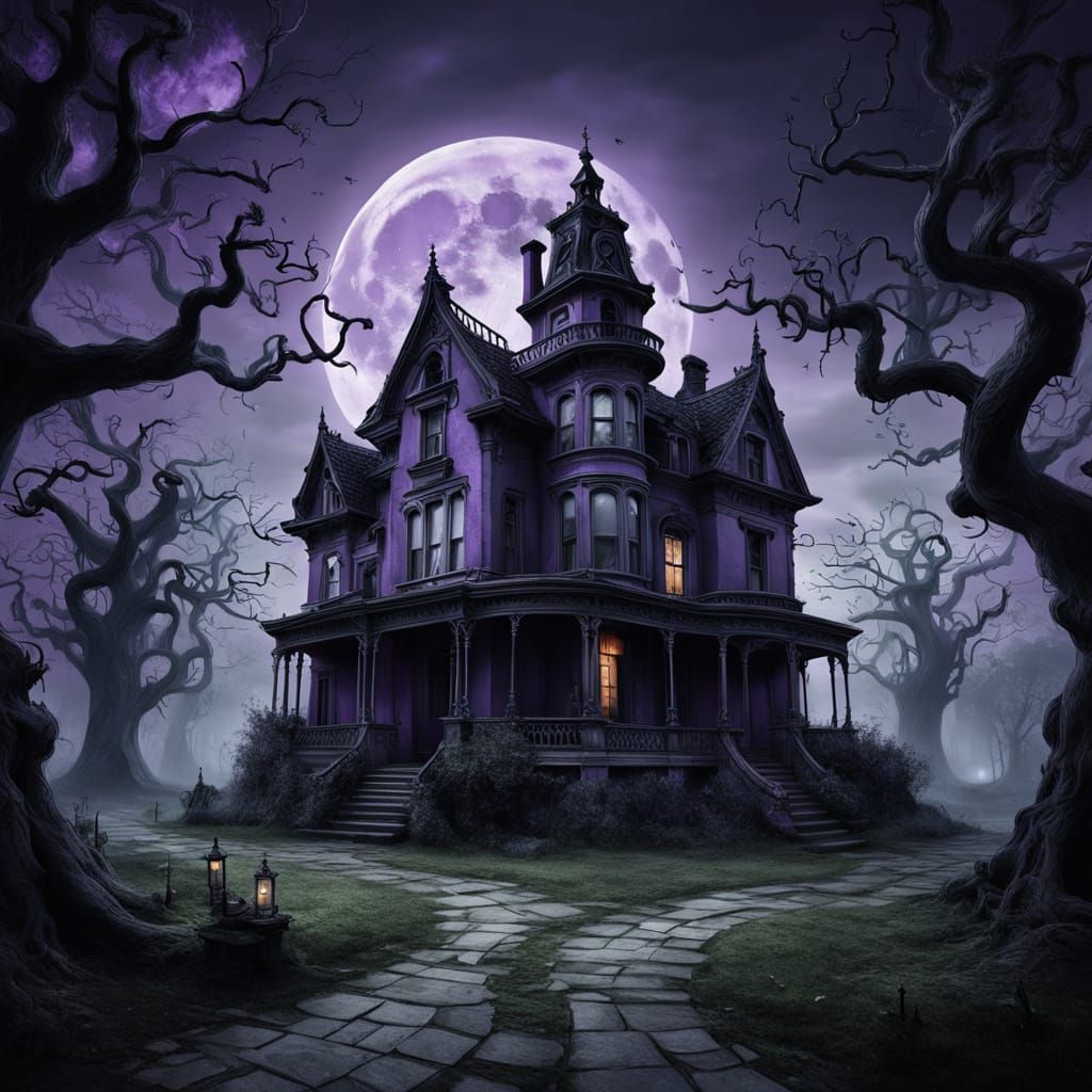 Surreal Mansion Under a Haunting Purple Moon