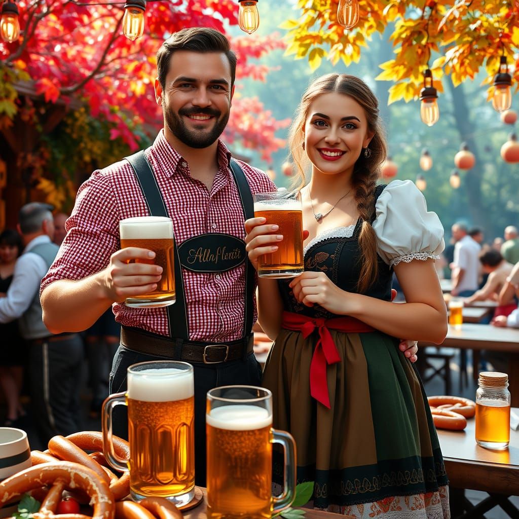 Vibrant Oktoberfest Celebration in a Lush Munich Beer Garden