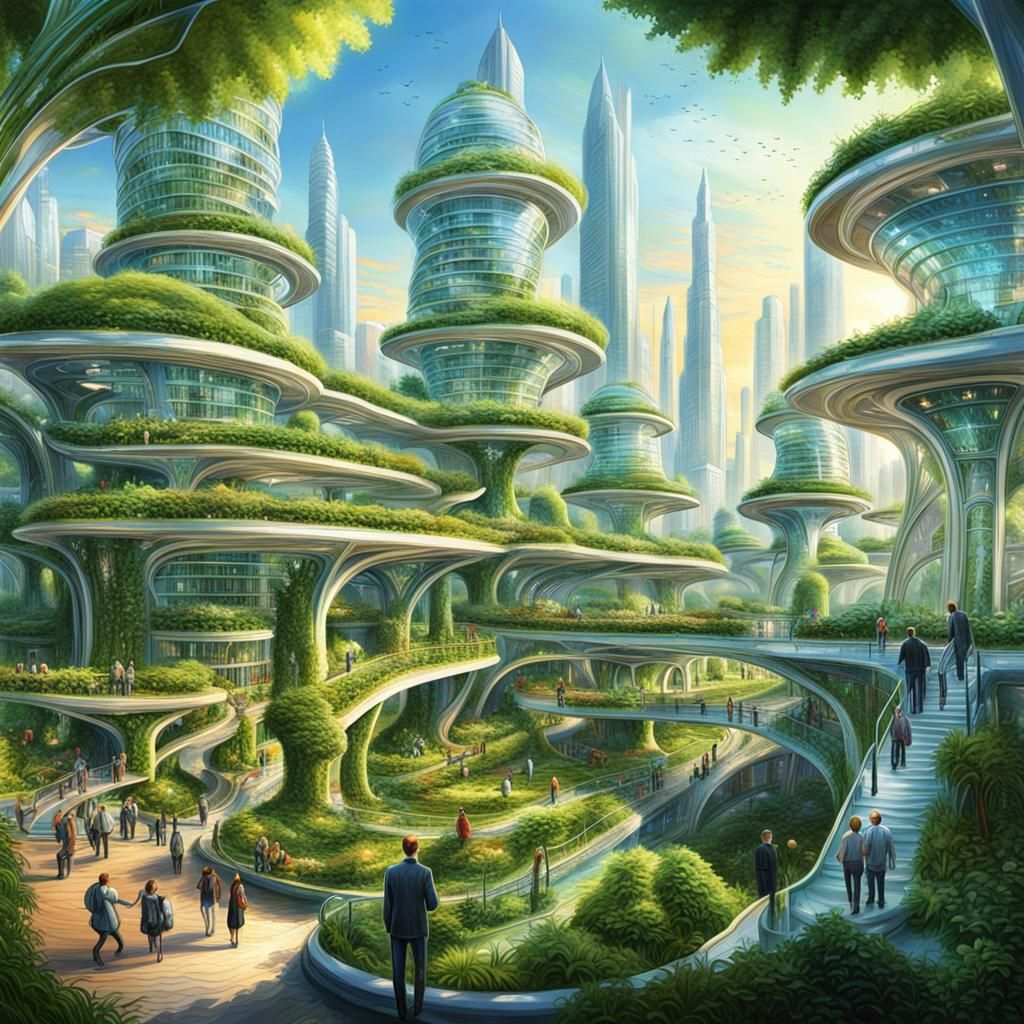 Epic Chromepunk Cityscape with Lush Park