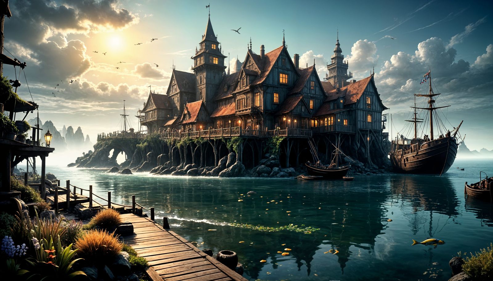 Fishing Port Scene in Vibrant Fantasy Colors