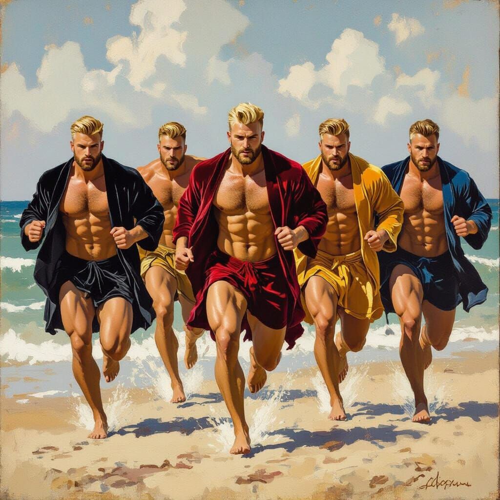 Muscular Men Running by Sea in Gouache Style