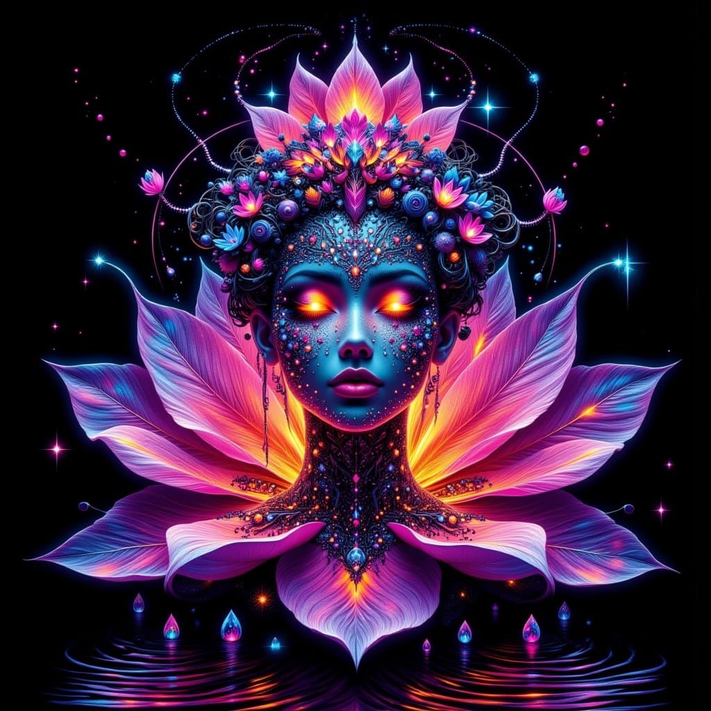 Ethereal Lotus Goddess in Neon Blacklight Style