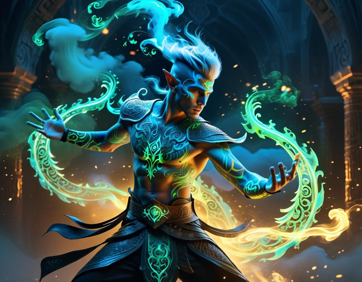 Glowing Elf Warrior Engaged in Magical Battle