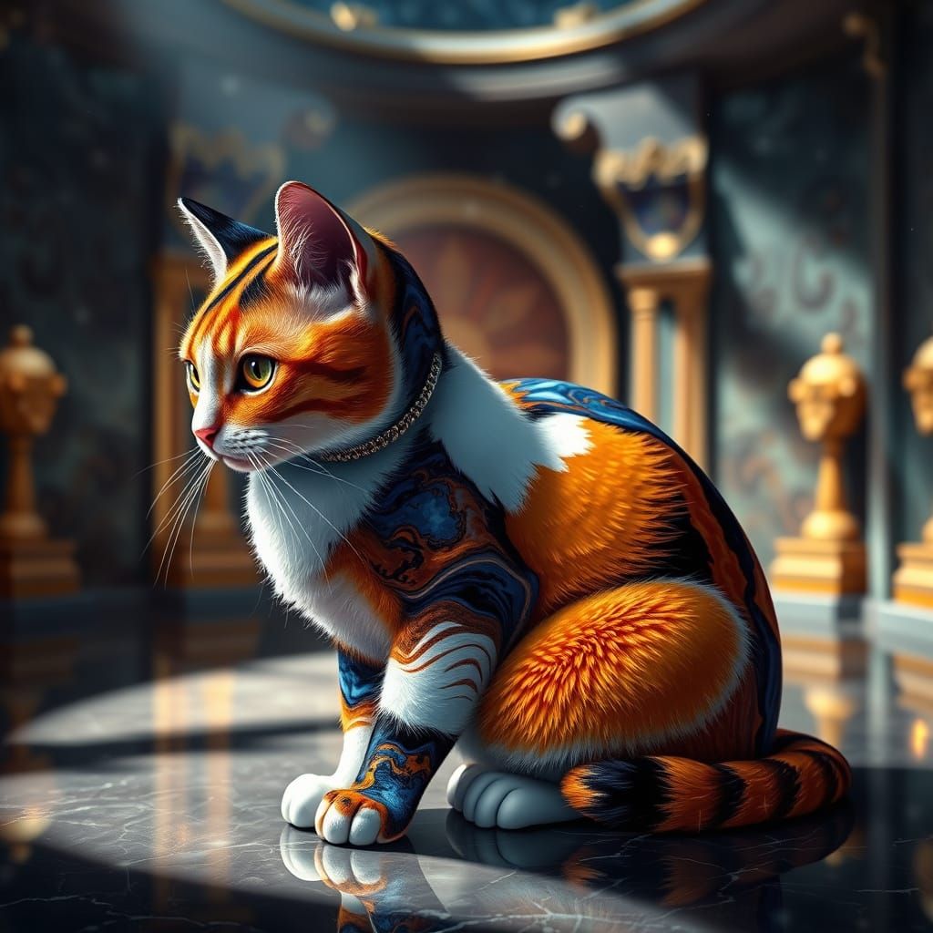 Vibrant Calico Cat in Whimsical Hall of Gods Art