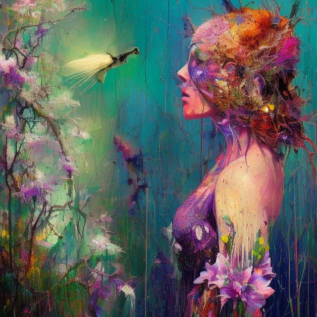 Hummingbird Profile with Orchids: Digital Impressionism