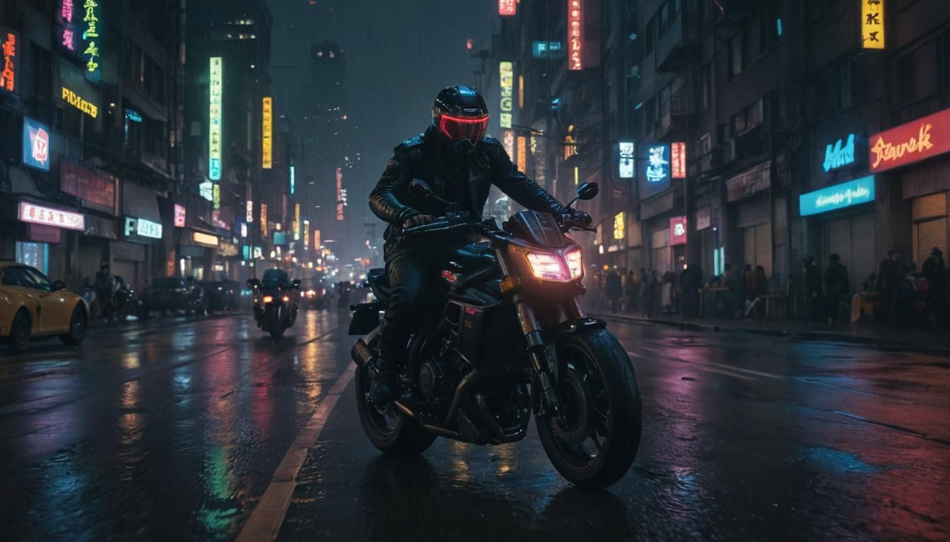 Motorcycle in Cyberpunk Cityscape at Night