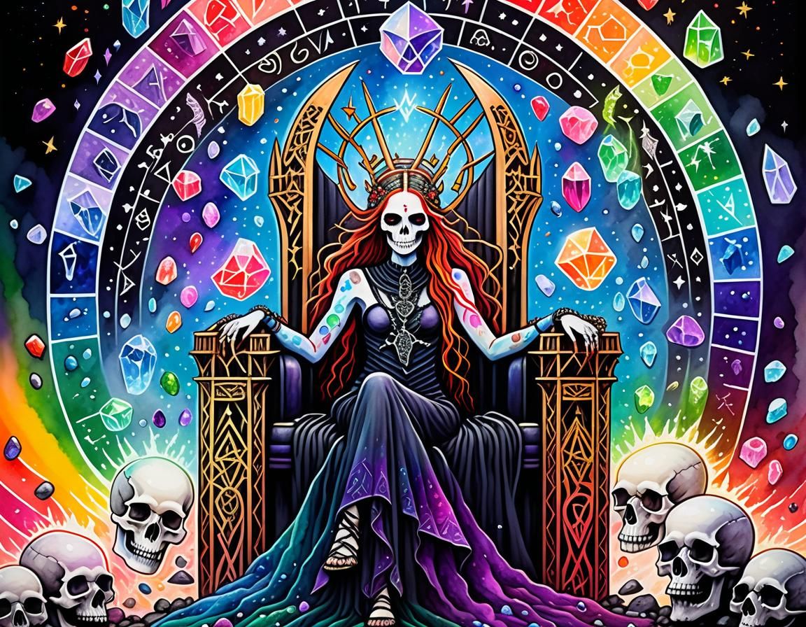 Gothic Goddess Lilith with Crystals in Watercolour