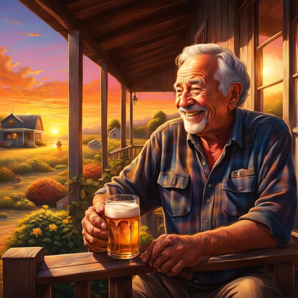 Elderly Man Enjoys Sunset Beer: Hyperrealistic Farm Scene