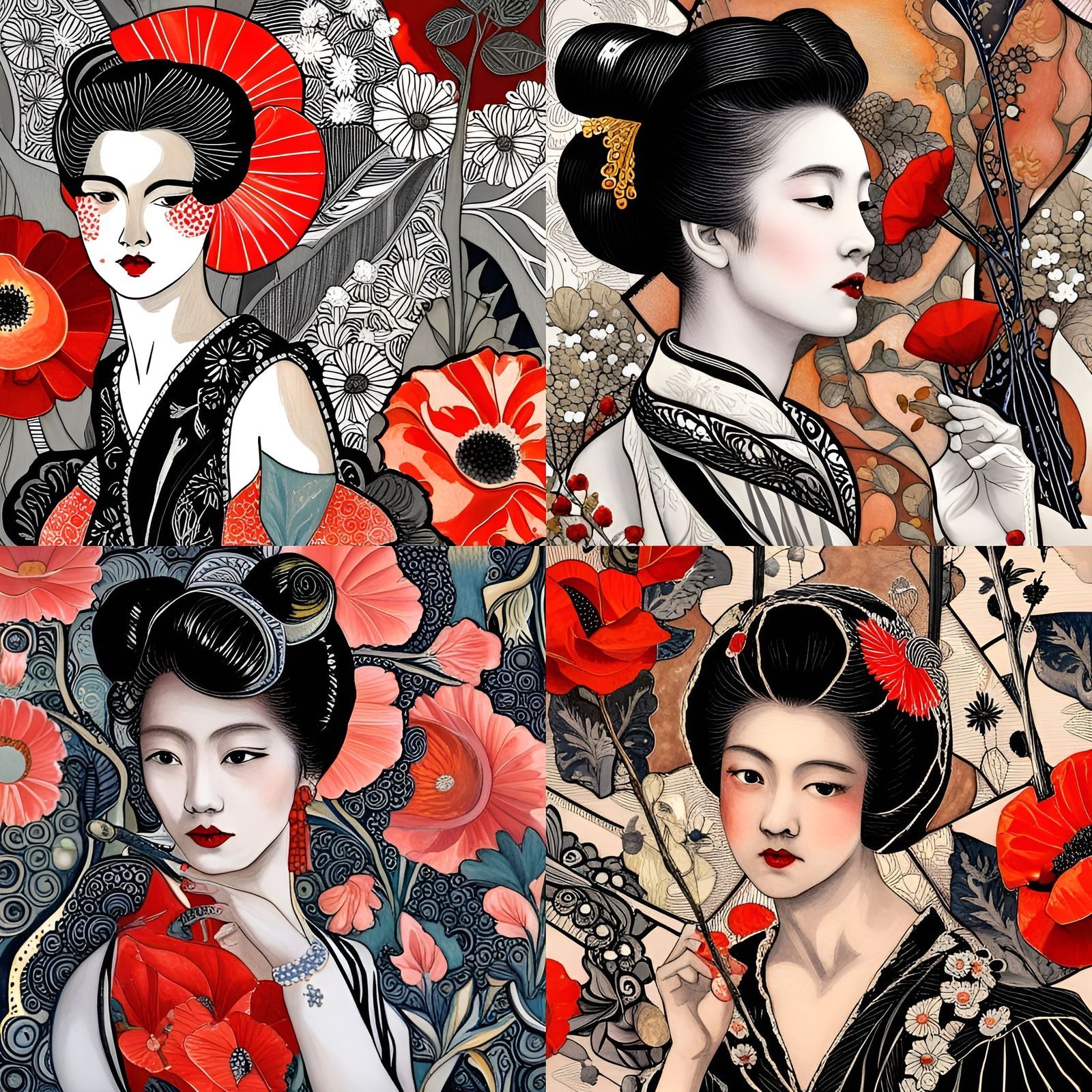 Geisha Girl with Poppies in Gouache Style