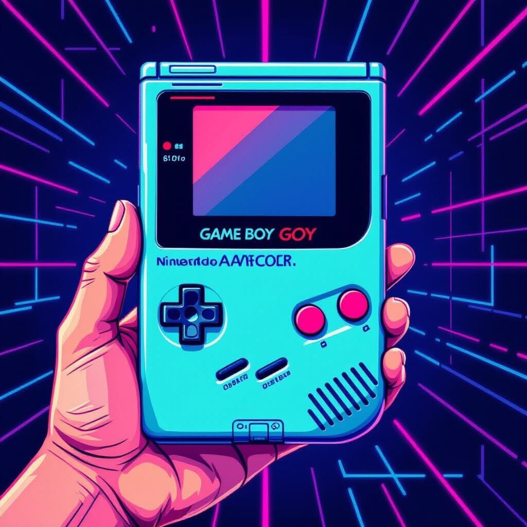 Teal Game Boy Color in Vaporwave Style