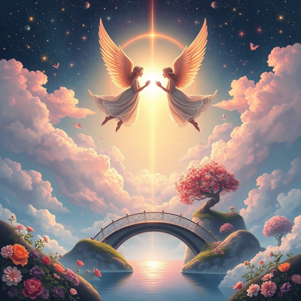 Angelical Couple in Celestial Garden at Sunset