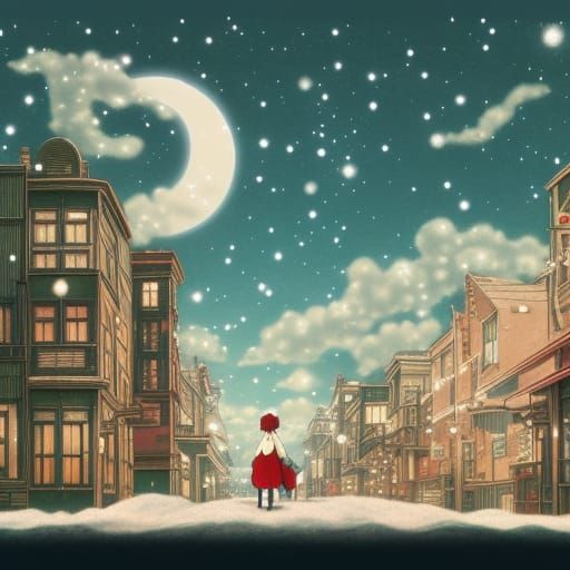 1920s Christmas Card in Studio Ghibli Anime Style