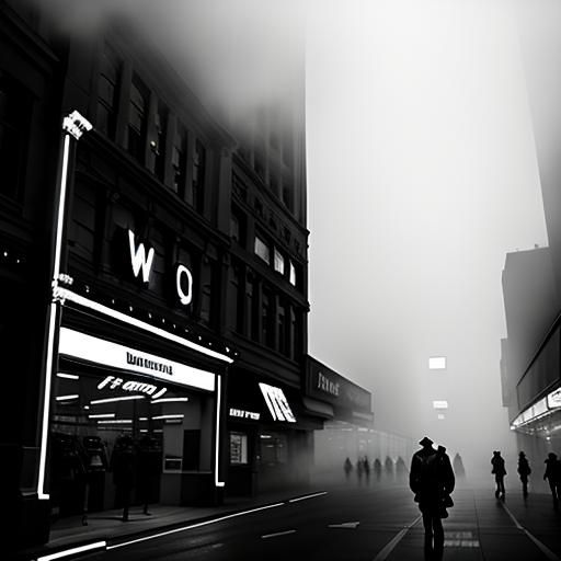 Neon Mannequins in Fog: Grainy Black and White