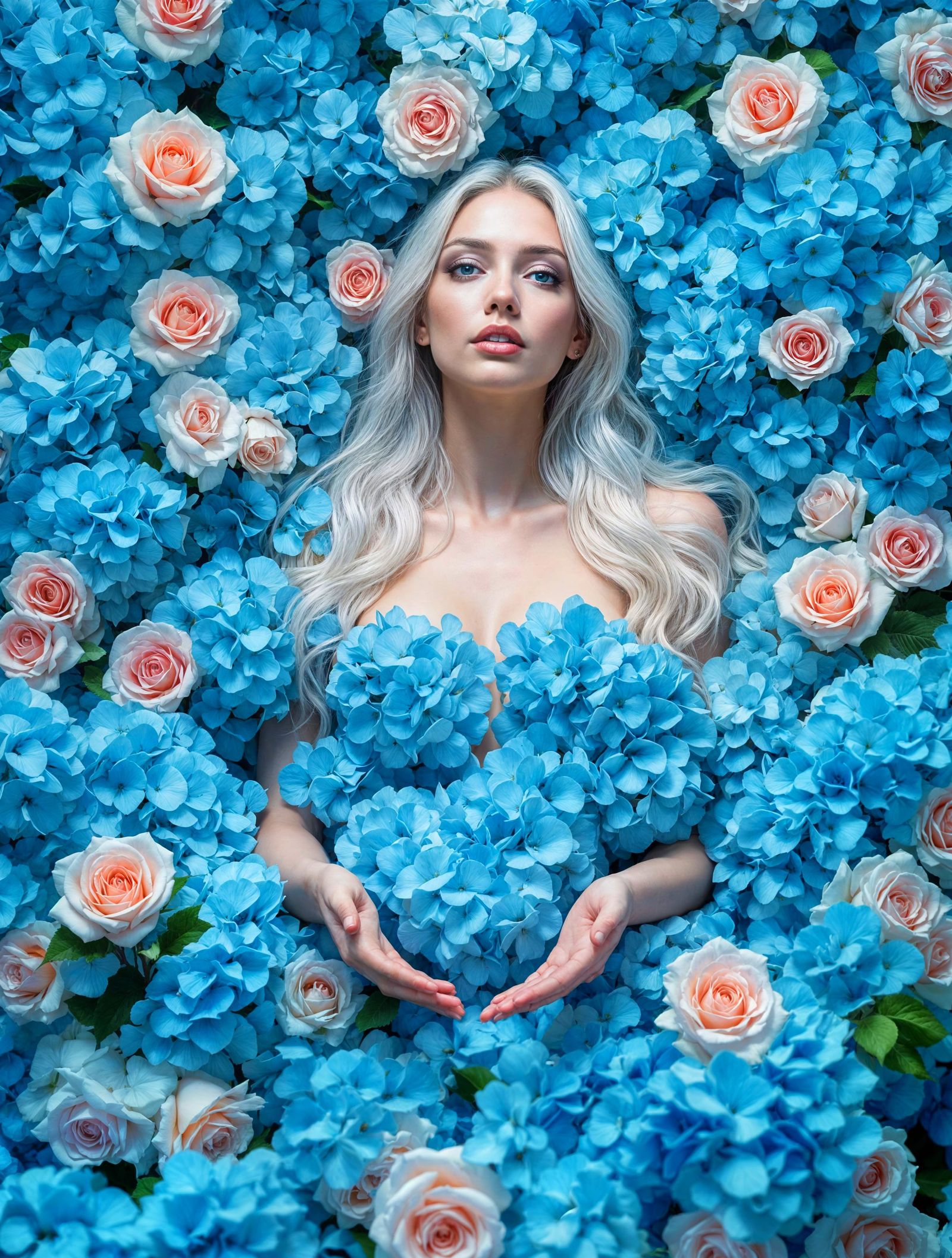 Serene Goddess Amidst Vibrant Blooms in Dreamy Backdrop