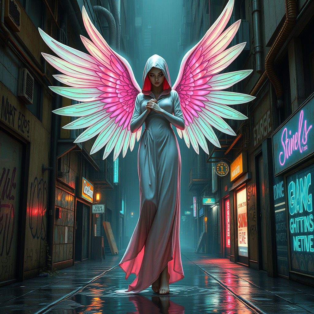 Cyberpunk Angel Over Rain-Soaked Alley