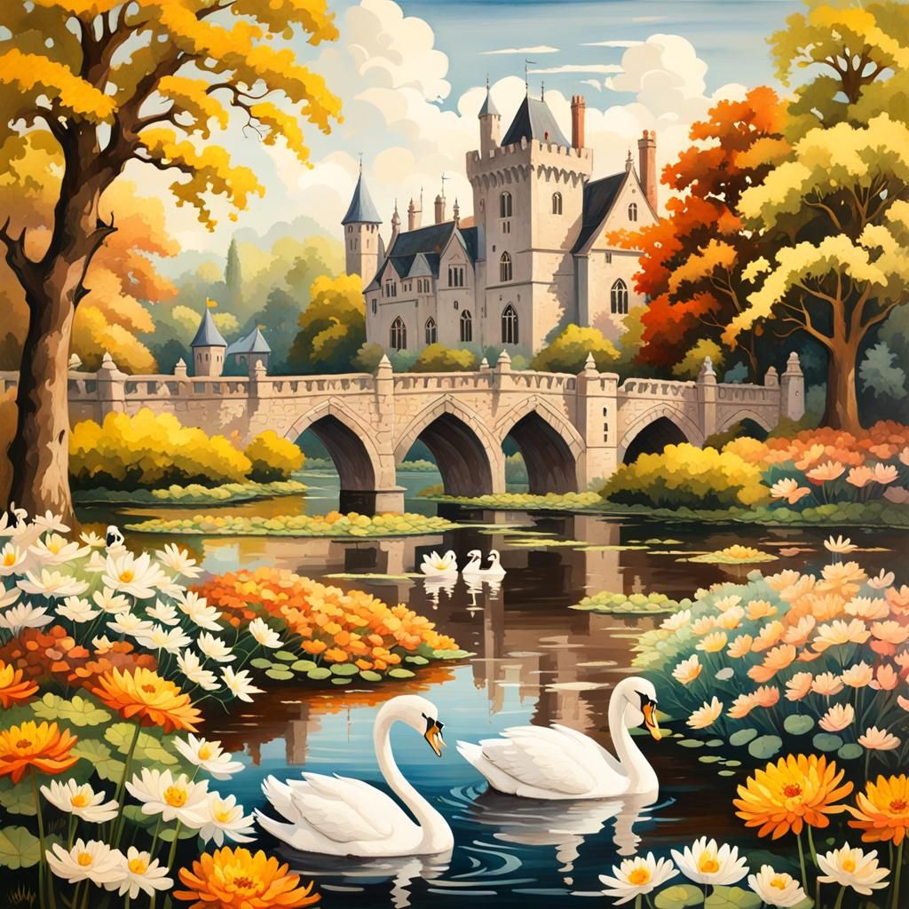 Gothic Tudor City and Chrysanthemum Garden Painting