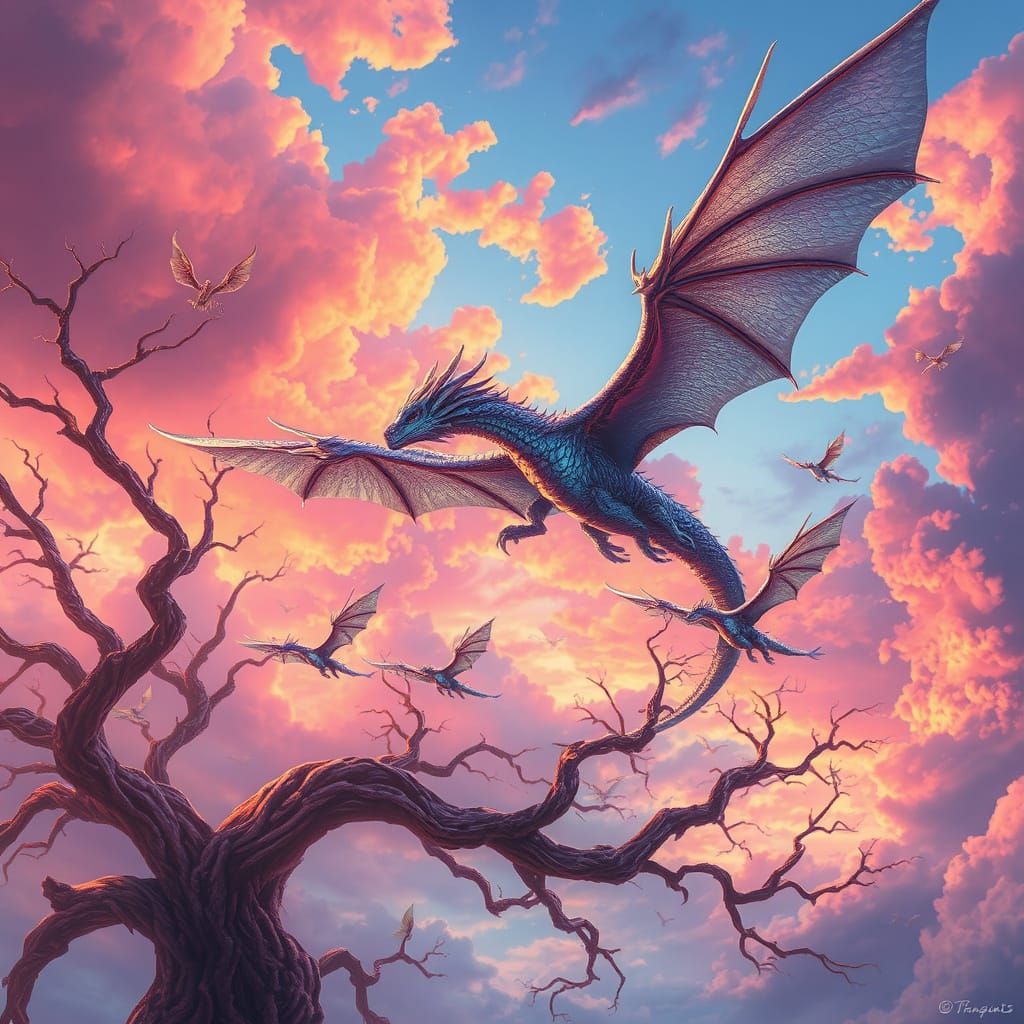 Ethereal Fantasy Realm with Majestic Dragons in Flight