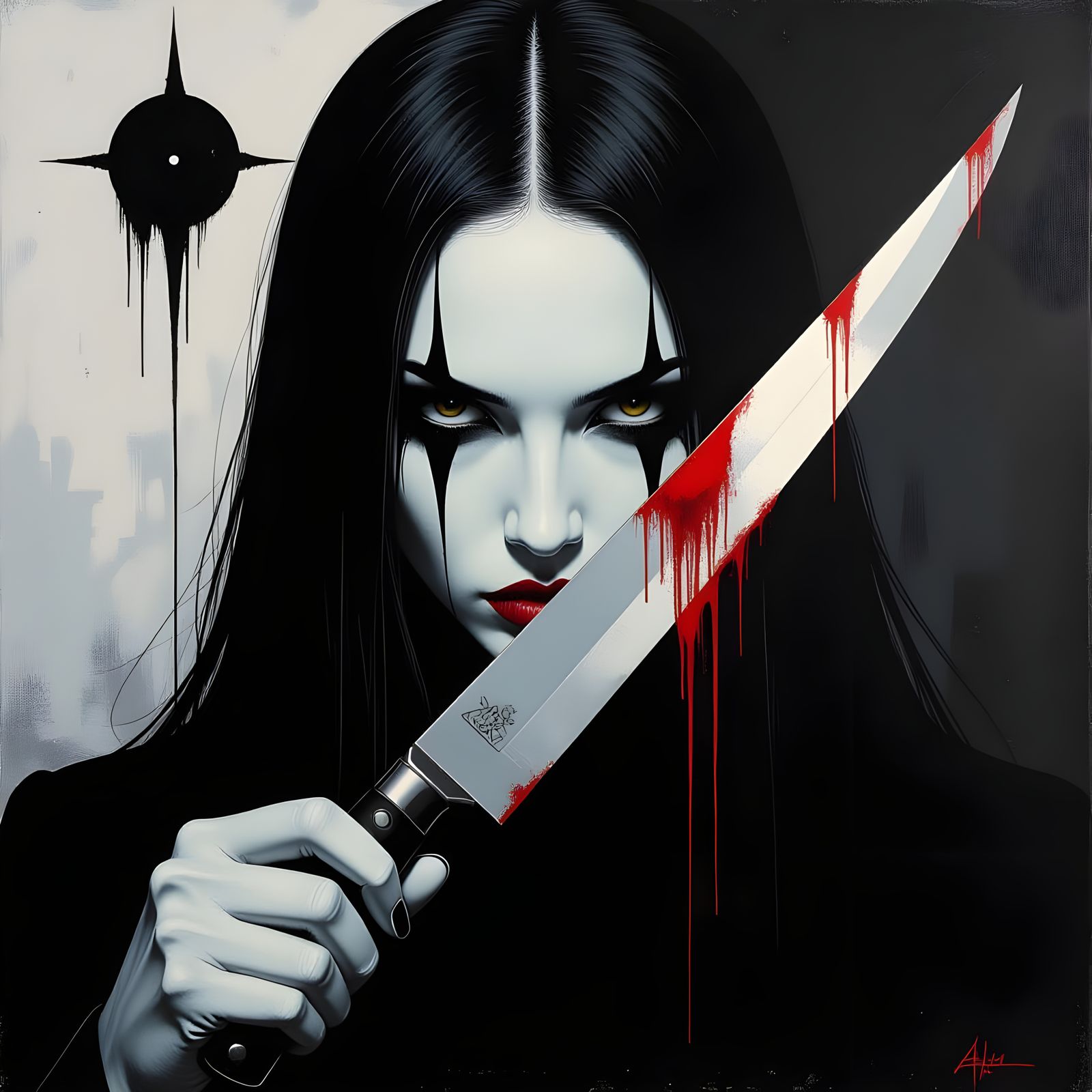 Sinister Gothic Figure with Knife in Brutalist Style