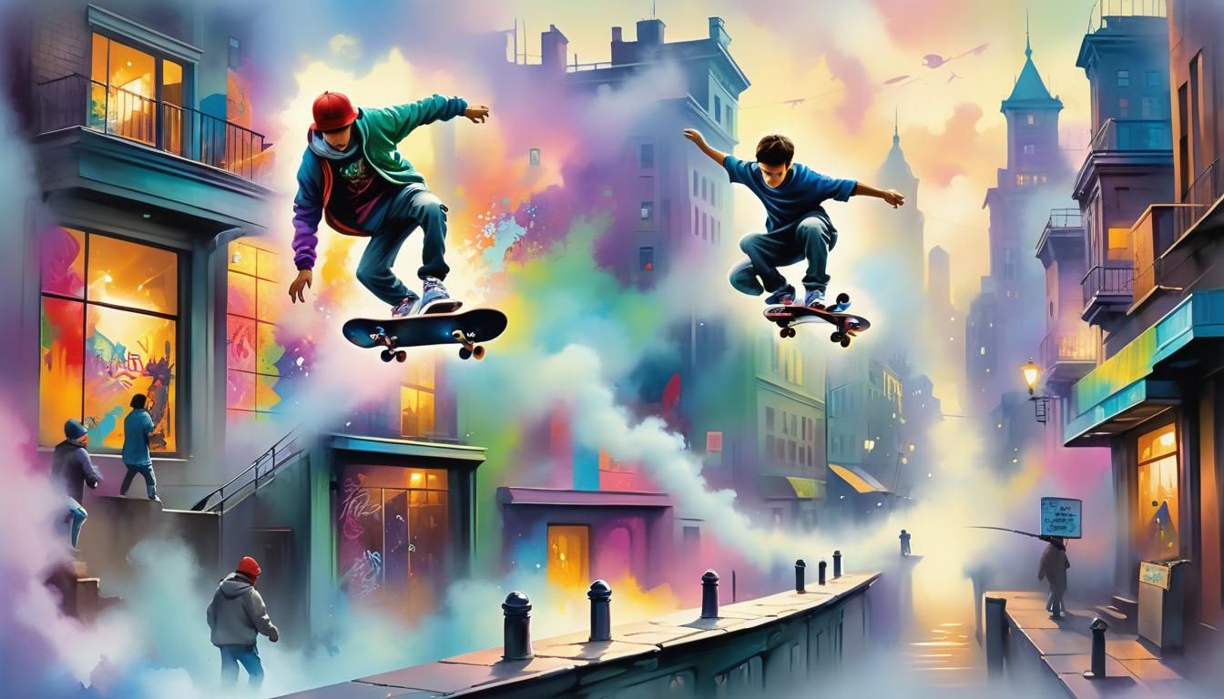 Graffiti Cityscape with Skateboarder in Watercolor Style