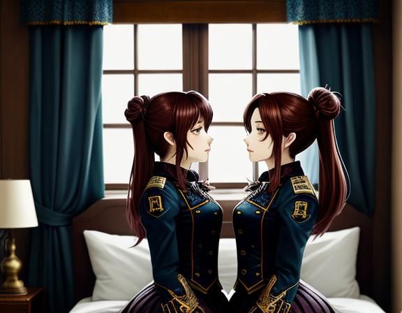 Steampunk Anime Twins Kissing in Bedroom