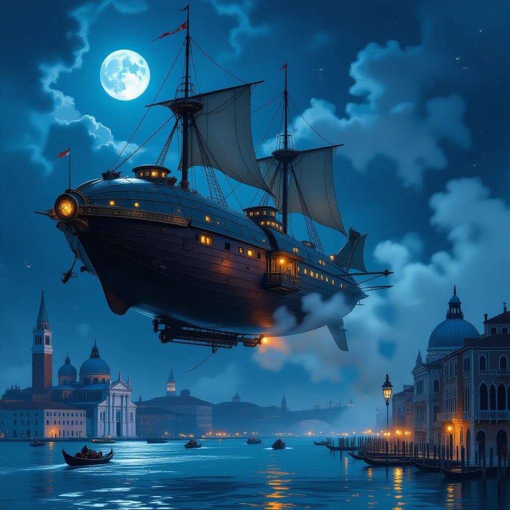 Steampunk Airships Over Venice at Night