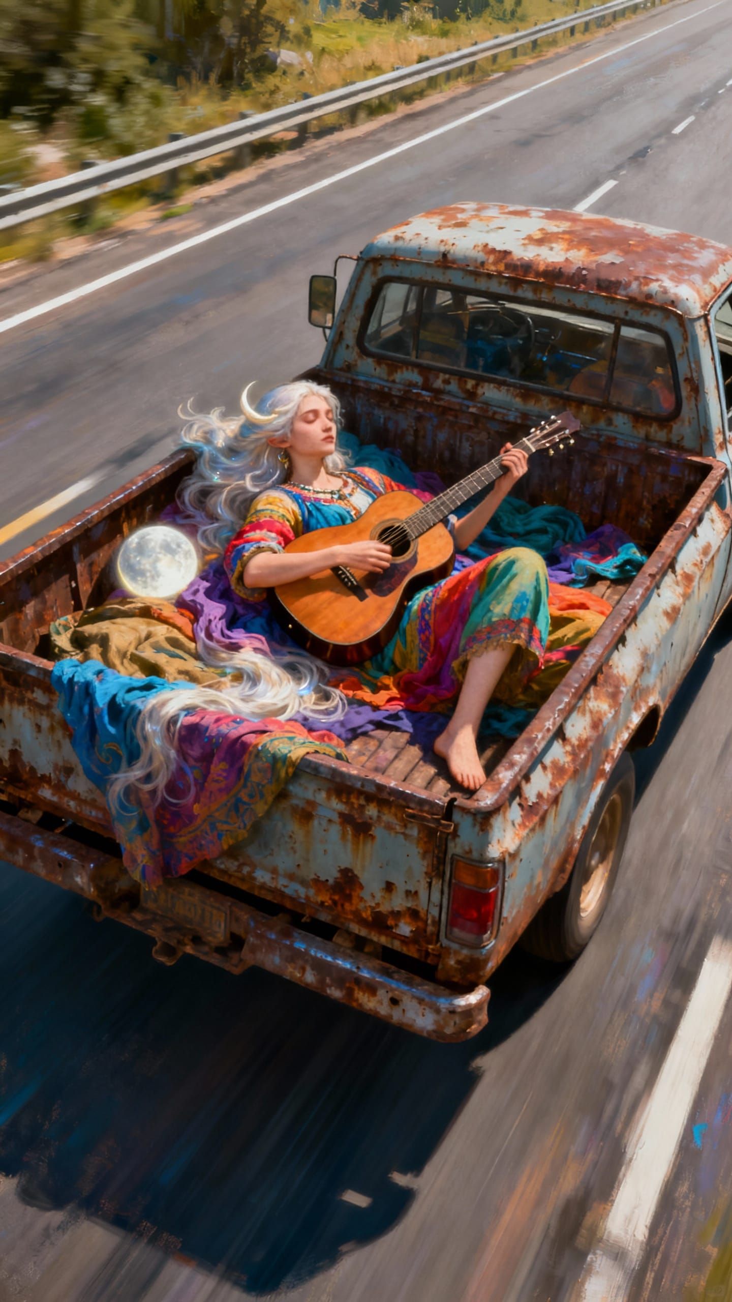 Woman in Colorful Clothes Relaxing in Rusty Truck on Highway