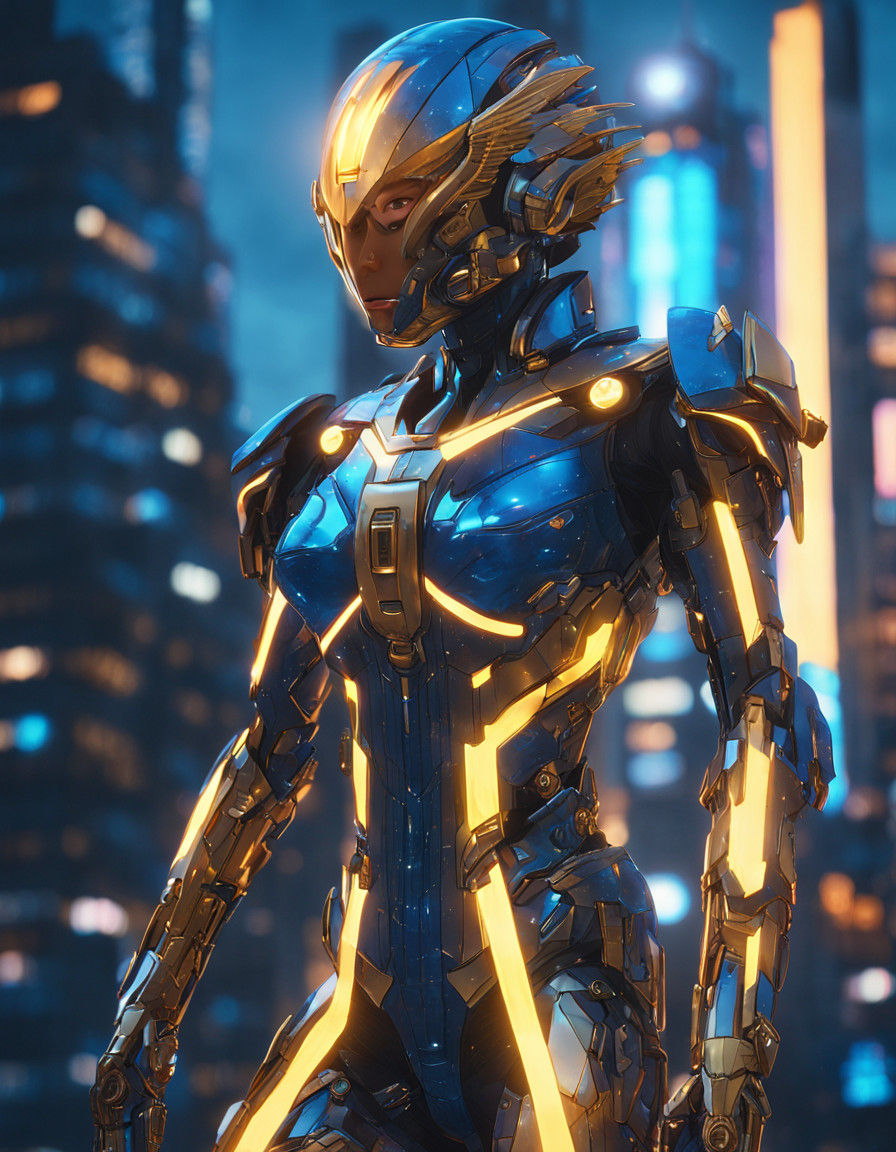 Futuristic Japanese Heroine Soars on Wings of Light in Neon...