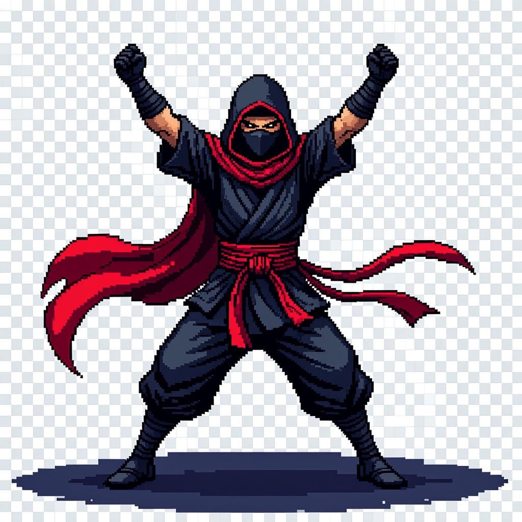 Victorious Black Ninja in 16-bit Pixel Art
